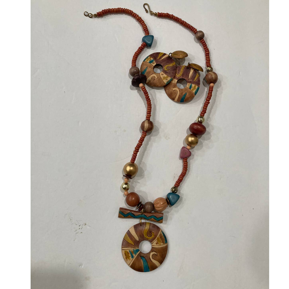 Inlaid and Hand painted Teak Wood Pierced Earrings‎ & Necklace